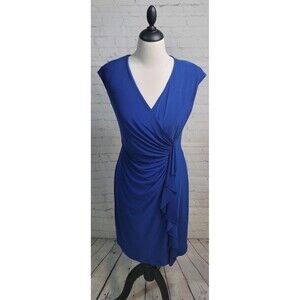 American Living Blue Cap Sleeve Ruffle Ruched Sheath Dress size 8 Faux Wrap